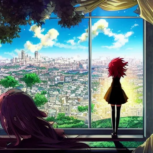 Prompt: a stunning frame from the anime view from the hill of amazing beauty, the girl looks at the stunning city in the