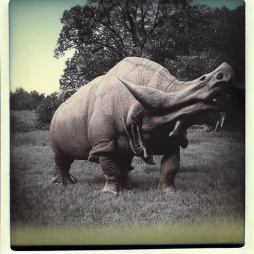 Image similar to old polaroid photo of an old man hunter standing proudly next to a triceratops corpse