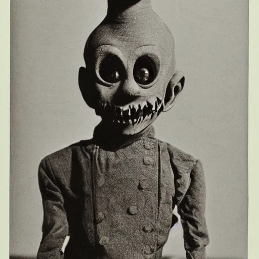 Image similar to a ventriloquist figure, ventriloquist dummy head, smiling, photograph, style of atget, nightmare, concept art, creepy