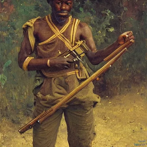 Image similar to igbo soldier armed with a rifle soldier, 1885, bright colors oil on canvas, by Ilya Repin