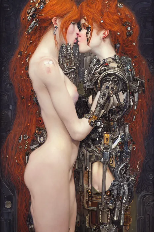 Prompt: portrait of two beautiful young gothic cyborg maidens kissing, cyberpunk, Warhammer, highly detailed, artstation, illustration, art by Gustav Klimt