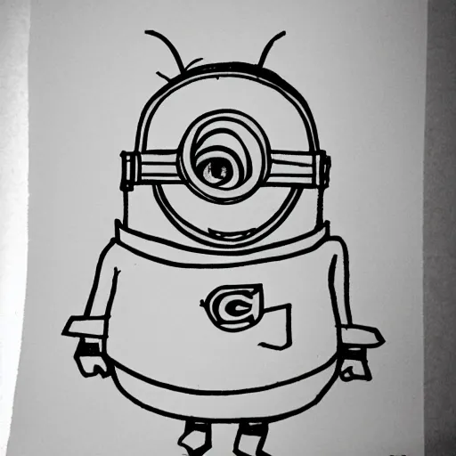 Prompt: a childs drawing of a minion holding a revolver