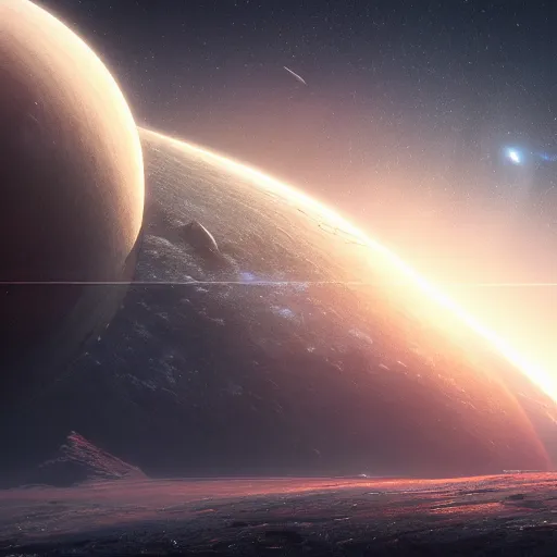 Image similar to greg rutkowski interstellar planets galaxy beautiful!!!!!!!!!! octane render glowing!!!!!!! rays