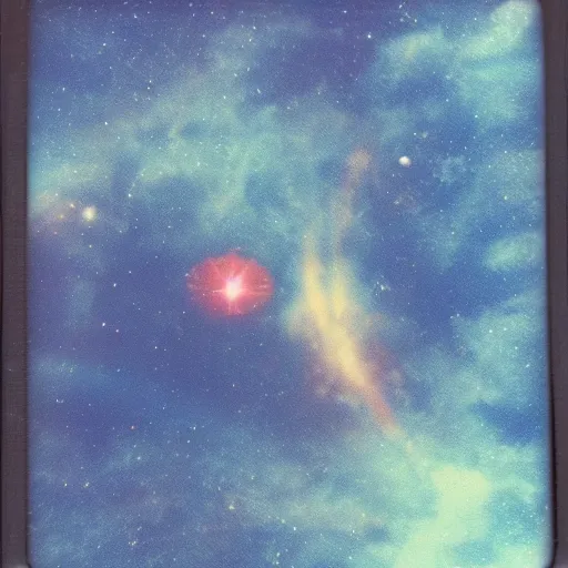 Image similar to vintage polaroid of a woman floating in deep space, detailed clouds, nebula, planets, galaxies, warm azure tones, red color bleed, film grain