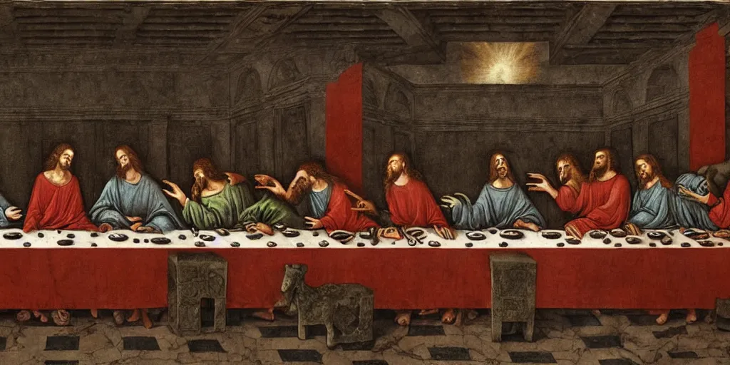 Image similar to the last supper, in the style of Dante’s inferno,