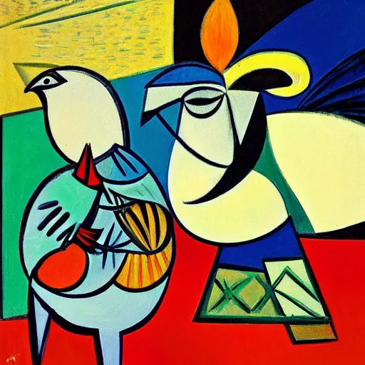 Prompt: .☕🥐🌅🕗🌻.🐓 painting by Picasso