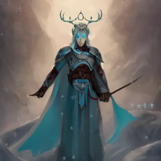 Image similar to half length portrait of a handsome male snow elf in a turquoise cape and silver ornate armour as an archer, albino skin, pale pointed ears, winter vibes, perfect face, elegant, very coherent symmetrical artwork, atmospheric lighting, rule of thirds, by wenjun lin, krenz cushart, charlie bowater, trending on artstation