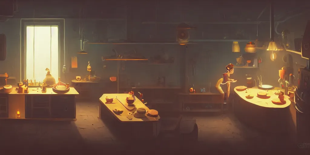 Image similar to cute solitary kitchen dim lit by a candle ripped physique simon stalenhag gerald brom bastien grivet by greg rutkowski, game background, fisheye lens, high angle view, curved lines