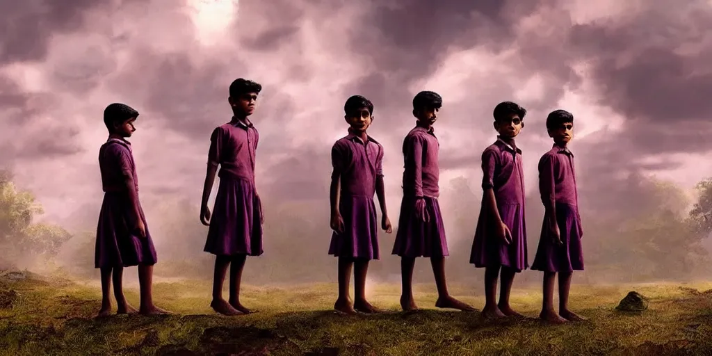 Image similar to kerala school boys wearing girls dresses posing for a photo, daylight, an epic fantasy, dramatic lighting, cinematic, establishing shot, extremely high detail, photorealistic, cinematic lighting, artstation, matte painting by christopher nolan, horizon forbidden west