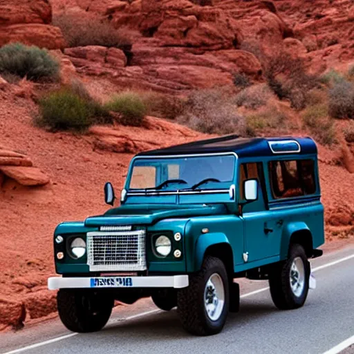 Image similar to a vintage land rover defender drives along a 2 lane road in the valley of fire