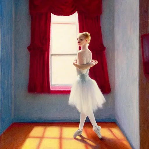 Image similar to Painting of Elle Fanning as a ballerina in a red room, long blonde hair, delicate, pale milky white porcelain skin, by Edward Hopper. 8K. Extremely detailed.