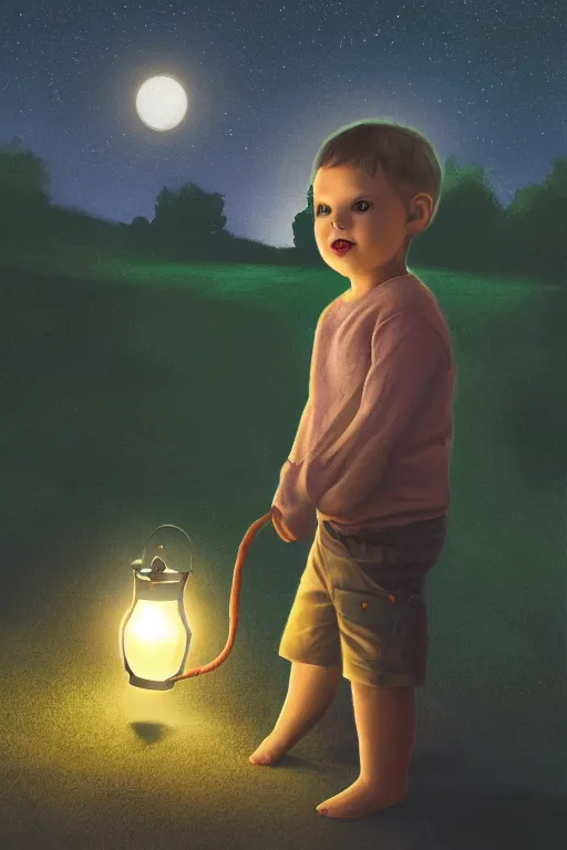 Image similar to a little boy carrying cat at night, lantern light besides, photorealistic face and skin tones, dreamy moonlit nightscape by the garden, lake house, smooth, matte colors, trending on artstation, 4 k, 8 k
