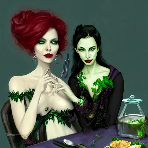 Image similar to a beautiful picture of doctor poison ivy professor of botany and doctor liliana onyx professor of demonology having lunch, academic clothing, dark eyeliner, intricate, elegant, highly detailed, digital painting, artstation, concept art, matte, sharp focus, illustration, art in a baroque style