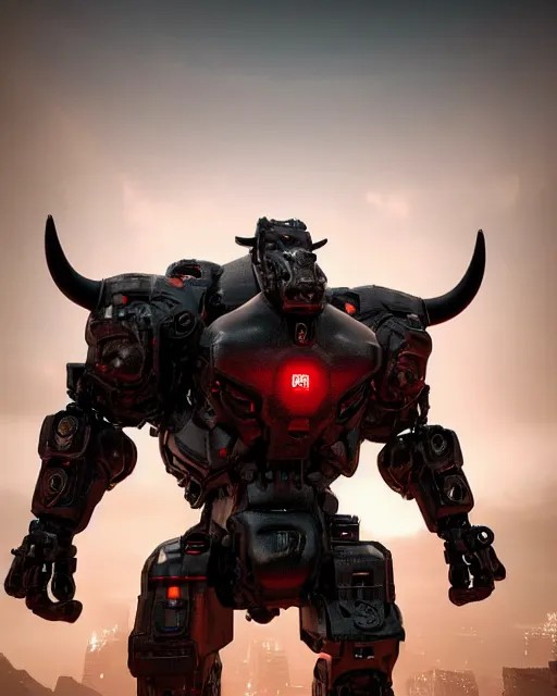 Image similar to a full body shot of an imposing cyborg ( bull ) modeled after a bull looking into the camera, android, cyborg, full body shot, intricate, 3 d, hyper realism, symmetrical, octane render, strong bokeh, fantasy, highly detailed, depth of field, digital art, artstation, red, concept art, cinematic lighting, trending