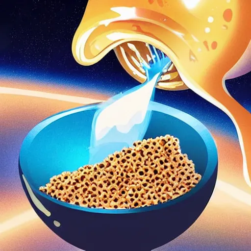 Prompt: a bottle of water and a bowl of cereal being sucked into a blackhole. highly detailed