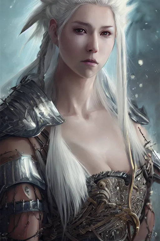 Prompt: A realistic anime portrait of a beautiful white haired female barbarian wearing an intricate viking armor, digital painting, by Stanley Artgerm Lau, Sakimichan, WLOP and Rossdraws, digital painting, painterly, Pixiv, Deviantart, golden ratio, rule of thirds, good composition, HD, 8k, award winning, promo art, splash art, rpg, jrpg, dungeons and dragons, DND, trending on ArtStation