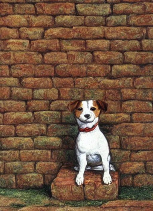 Prompt: jack russel terrier balancing on brick wall, illustrated by peggy fortnum and beatrix potter and sir john tenniel