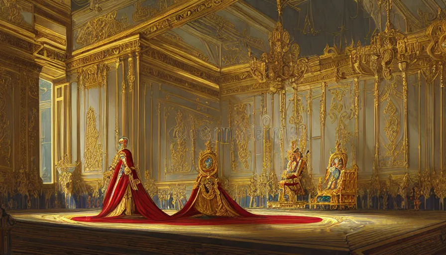 Image similar to the imperial throne room in the palace of fontainebleau of god emperor napoleon bonaparte, napoleon on the throne, dieselpunk, french baroque, rococo, napoleonic, science fiction, steampunk, sharp, concept art watercolor illustration by mandy jurgens and alphonse mucha, dynamic lighting