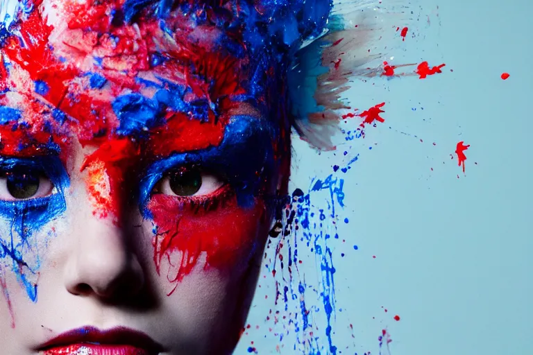 Prompt: a highly detailed cinematic headshot portrait photograph of a woman with a liquid paint headdress, with red and blue paint splash, liquid, ultra realistic, beautiful rim lighting, by jeremy mann and ilya kuvshinov, jamie hewlett and ayami kojima, photorealistic, hyperrealistic, octane, hasselblad camera, zeiss lens, sharp focus, paint splash