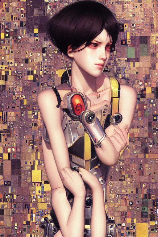 Prompt: portrait of beautiful young robot, cyberpunk, Warhammer, highly detailed, artstation, illustration, art by Gustav Klimt and Range Murata and Ilya Kuvshinov and Sakimichan