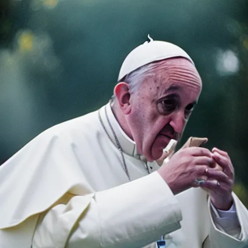 Prompt: pope francis smoking a joint, cinestill 800t 50mm