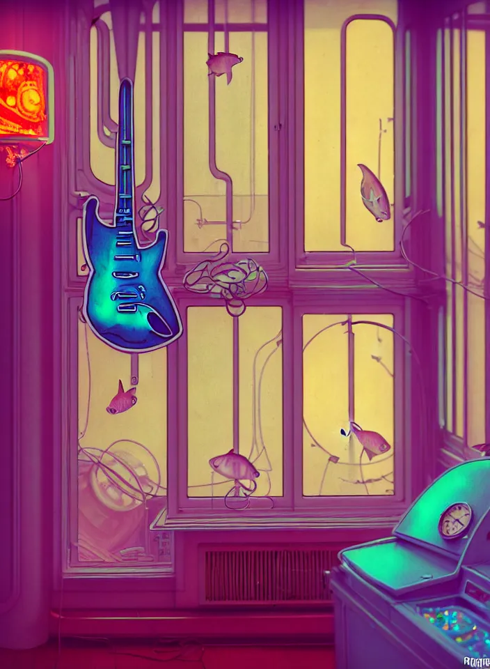 Image similar to telephoto 7 0 mm f / 2. 8 iso 2 0 0 photograph depicting the feeling of chrysalism in a cosy safe cluttered french sci - fi art nouveau cyberpunk apartment in a pastel dreamstate art cinema style. ( electric guitar ) ( ( fish tank ) ) ( ( ( clock ) ) ), ambient light.