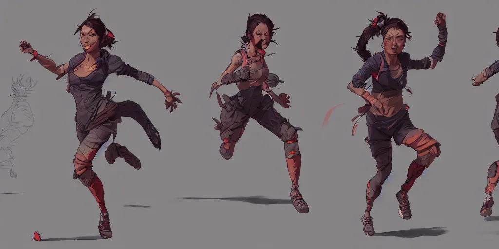 Image similar to cartoonish female character running, vivid colors, character sheet, fine details, concept design, contrast, kim jung gi, greg rutkowski, trending on artstation, 8 k, full body, turnaround, front view, back view, ultra wide angle