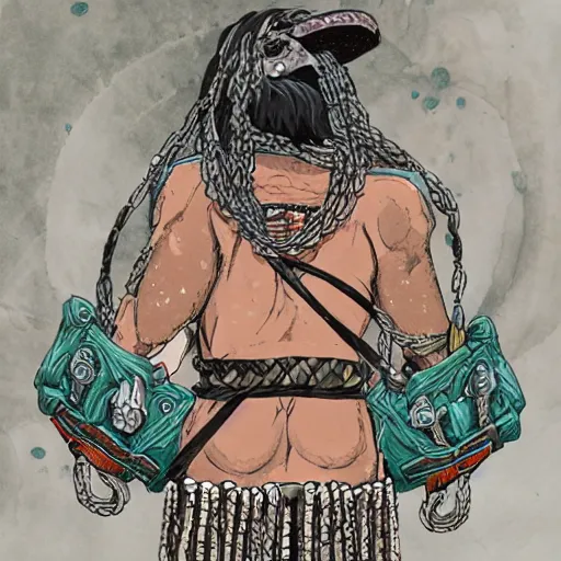 Image similar to A FULL BODY PORTRAIT FROM BEHIND OF MADARA UCHICHA ,THE MAN KEEPS A KUSARIGAMA AND IT IS WRAPPED IN CHAINS ,detailed, concept art, ink style , sketch