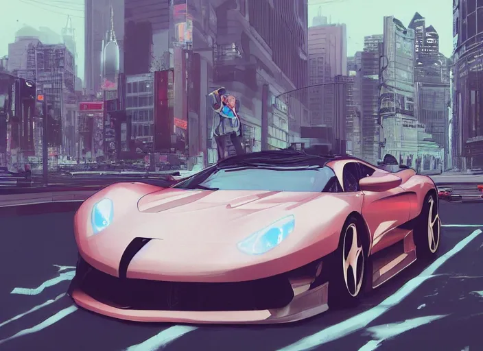 Image similar to a sport car in a city. sharp focus, cinematic pose, cinematic lighting, unreal engine render. art by josan gonzales and moebius and deathburger.