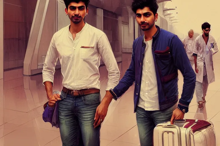 Image similar to Anxious good looking pale young Indian doctors wearing jeans and shirts at the airport, portrait, elegant, intricate, digital painting, artstation, concept art, smooth, sharp focus, illustration, art by artgerm and greg rutkowski and alphonse mucha