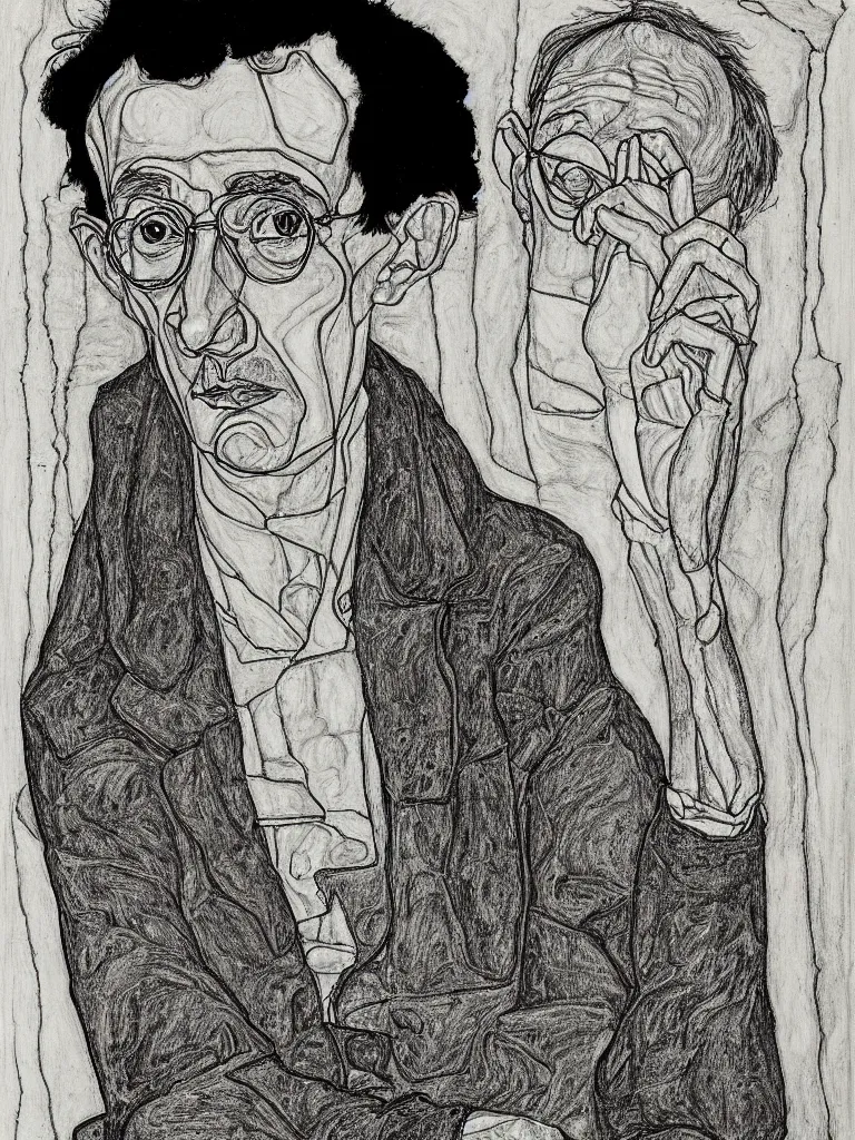 Image similar to a detailed line art portrait of writer hermann hesse, inspired by the work of egon schiele.