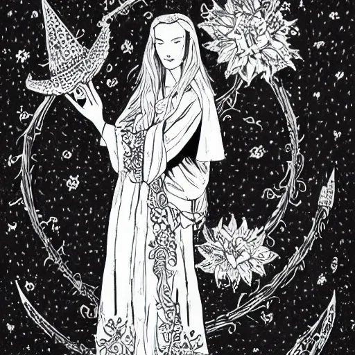 Image similar to black and white pen and ink!!!!!!! Suprani!!!!! wizard beautiful long hair Anya Taylor-Joy wearing High Royal flower print robes flaming!!!! final form flowing ritual royal!!! Contemplative stance Vagabond!!!!!!!! floating magic witch!!!! glides through a beautiful!!!!!!! Camellia!!!! Tsubaki!!! death-flower!!!! battlefield behind!!!! dramatic esoteric!!!!!! Long hair flowing dancing illustrated in high detail!!!!!!!! by Hiroya Oku!!!!!!!!! graphic novel published on 2049 award winning!!!! full body portrait!!!!! action exposition manga panel black and white Shonen Jump issue by David Lynch eraserhead and beautiful line art Hirohiko Araki!! Frank Miller, Kentaro Miura!, Jojo's Bizzare Adventure!!!! 3 sequential art golden ratio technical perspective panels horizontal per page