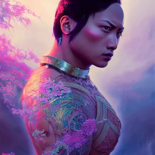 Image similar to feminine dwayne johnson in intricate clothing by ross tran, walking in a castle painted by sana takeda, rtx reflections, very high intricate details, digital anime art, medium shot, mid - shot, composition by ilya kuvshinov, lighting by greg rutkowski