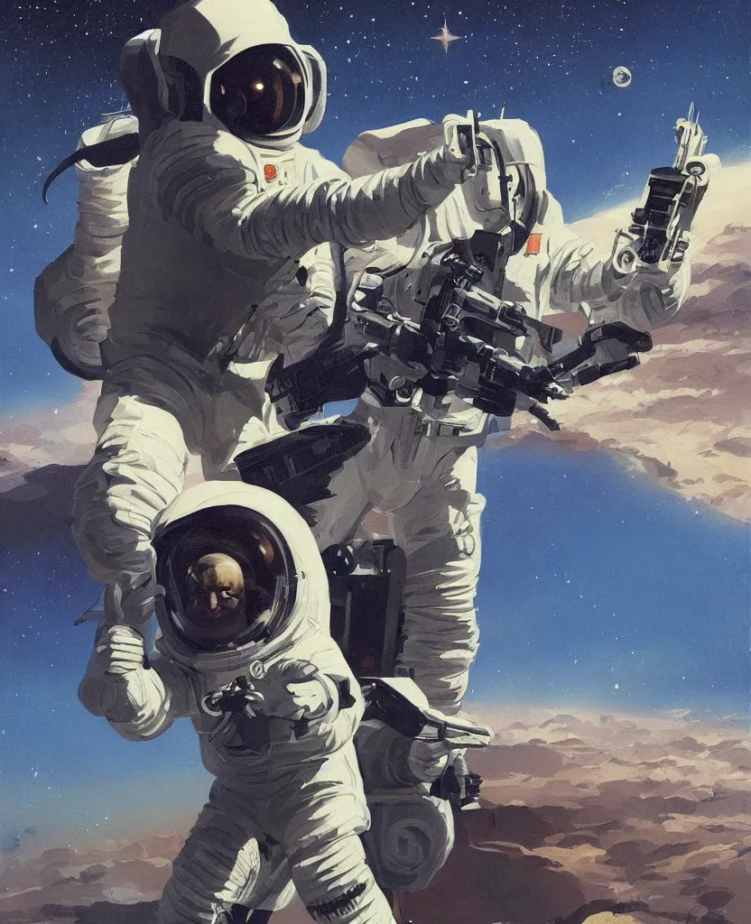 Image similar to a painting of a man in a space suit holding a gun, concept art by dean ellis, behance contest winner, retrofuturism, sci - fi, toonami, future tech