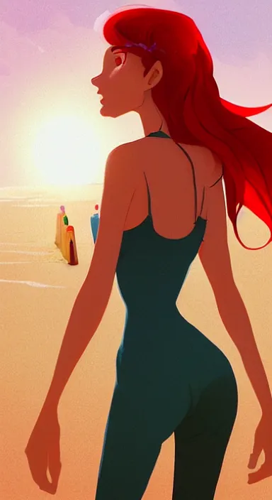 Image similar to lois van baarle, artgerm, helen huang, by makoto shinkai and ilya kuvshino, rossdraws, illustration, art by ilya kuyshuno. cute scarlet red haired cyborg woman, denim shorts, at beach at sunset, beautiful face, smile, clean vector art, exaggerated proportions, looking at me