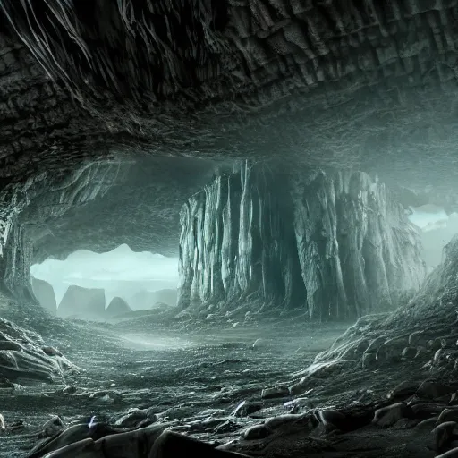 Image similar to Gigantic alien structures found in an enormous dark cave. Establishing shot, wide shot, cinematic, 4k