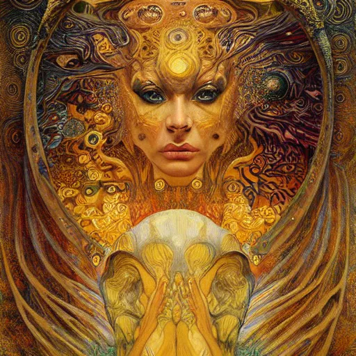 Image similar to Visions of Hell by Karol Bak, Jean Deville, Gustav Klimt, and Vincent Van Gogh, visionary, otherworldly, fractal structures, ornate gilded medieval icon, third eye, spirals