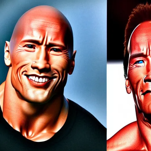 Image similar to ( dwayne rock johnson ) have a body of arnold arnold schwarzenegger. symmetric face, coherent face, coherent eyes, symmetric eyes