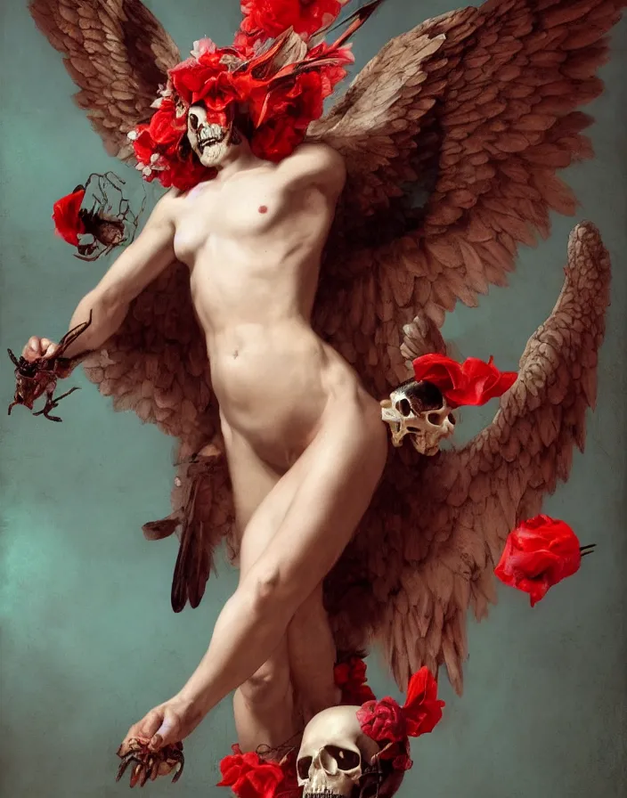 Prompt: fallen angel by Roberto Ferri. silk, fabric, birds, skulls, bones, flowers. red plastic. baroque elements, human skull. intricate artwork by Roberto Ferri. halo. octane render, cinematic, hyper realism, octane render, 8k, depth of field, bokeh. iridescent accents. vibrant. teal and gold and red colour scheme