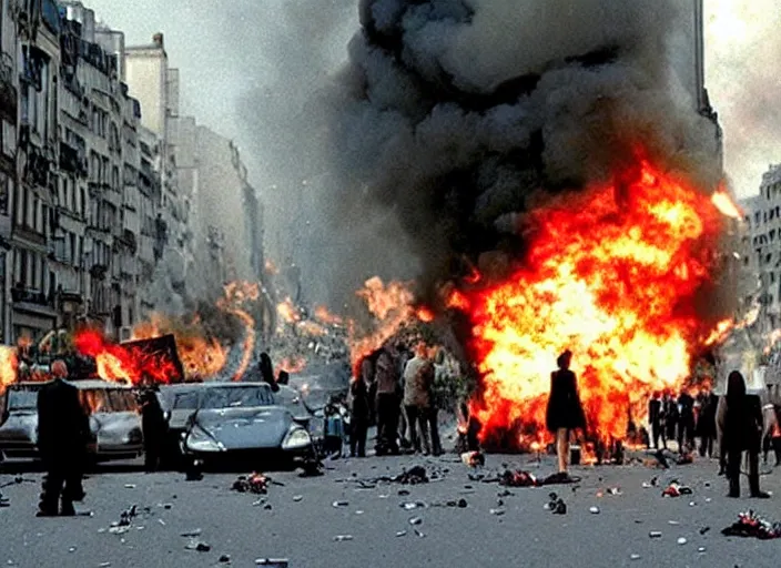 Prompt: awesome scene from the movie Inception where things explode in a street in Paris, Hollywood movie still