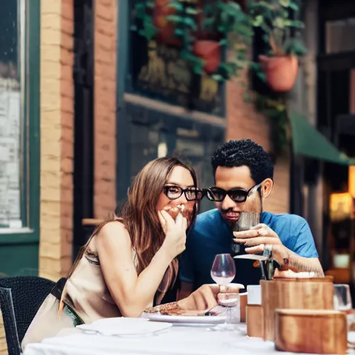 Prompt: photo a couple dining at a restaurant, sitting in outdoor seating in the lower west side, with glasses of wine on the table, and multiple dishes of beautiful vegan food on the table, hyperealistic, instagram, pinterest, behance, stock photo, canon, 8 k