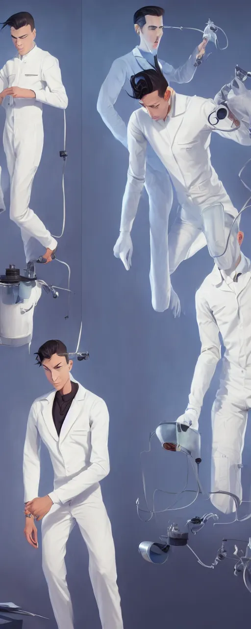 Image similar to tired and dissapointed emotionless butch young man scientist with short slicked - back hair, making an experiment - wearing white suit, wearing jetpack, digital art, rough paper, behance hd by jesper ejsing, by rhads, makoto shinkai and lois van baarle, ilya kuvshinov, rossdraws global illumination.