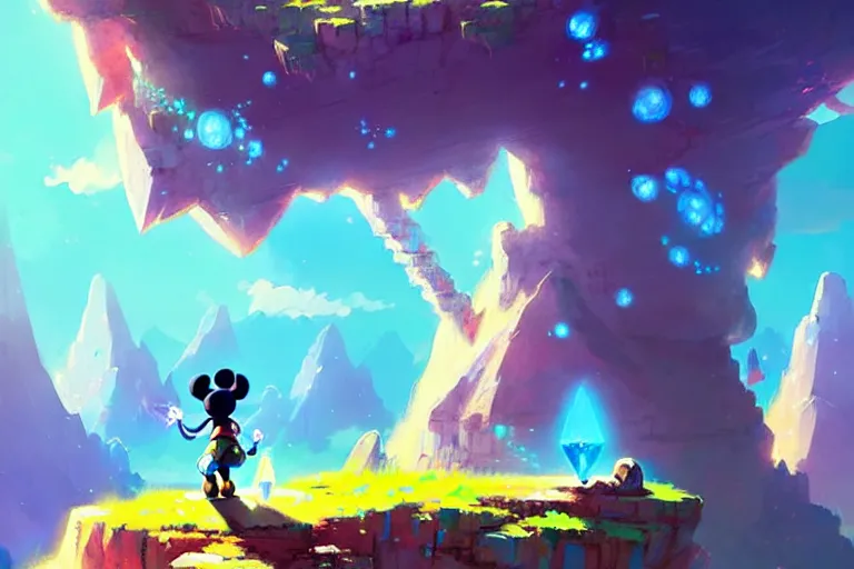 Image similar to concept art, adventurer mickey mouse standing in breath of the wild glowing crystal ore mines. anime styled. bright blue and cyan sky. hyper kawaii cute. by greg rutkowski, in the style of a grand adventure, extremely artistic