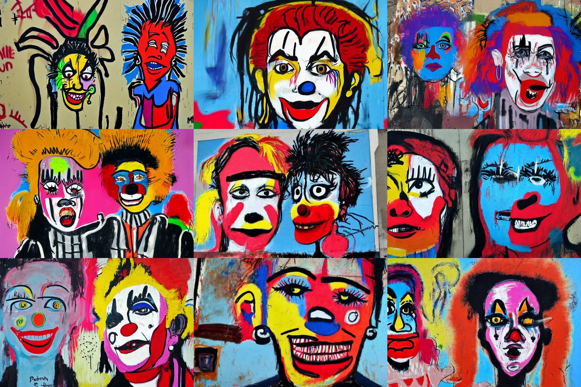 Prompt: Pauline Hanson as a clown, street art by Jean-Michel Basquiat