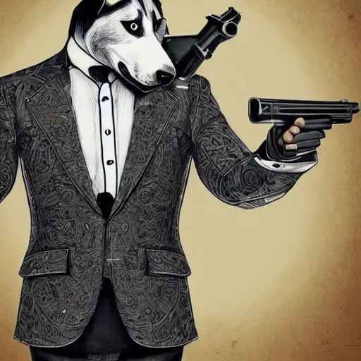 Image similar to a man with a husky's face wearing a suit and holding a gun, Digital art, intricate details, illustration