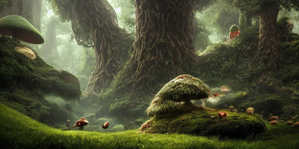 Prompt: Artwork by Filip Hodas of the cinematic view of the Forest of the Giants, a troll is eating a giant mushroom.