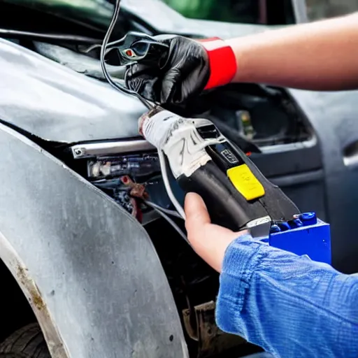 Image similar to a car battery hits a person with electricity.