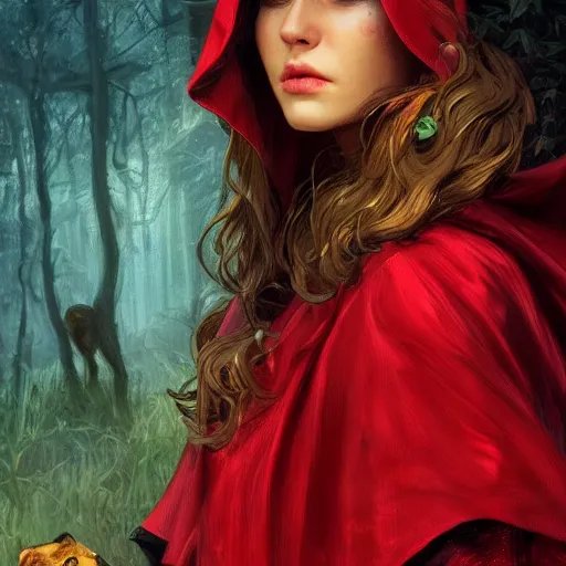Prompt: Beautiful face Portrait of Little Red Riding Hood with a golden black panther, magic lighting, intricate, wild, highly detailed, digital painting, artstation, concept art, smooth, sharp focus, illustration, art by artgerm and greg rutkowski and alphonse mucha, footage from space camera