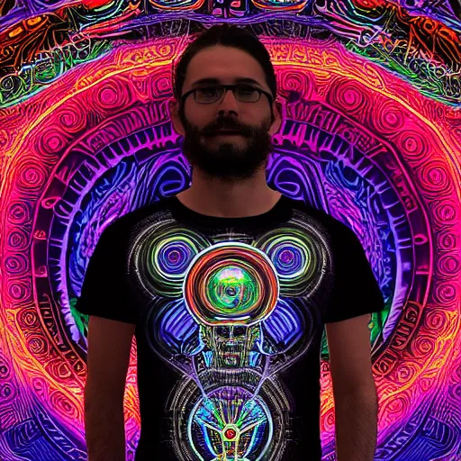 Image similar to mockup of a black tshirt with a hyperdetailed portrait of a steampunk robot by alex grey, 8 k, symetrical, flourescent colors, happy trippy mood, multicolored,