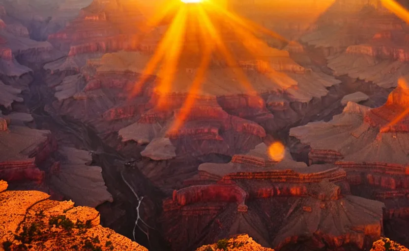 Image similar to an award winning professional photograph of the grand canyon at the golden hour, in the style of avatar, epic scene, extremely detailed masterpiece, extremely moody lighting, glowing light and shadow, atmospheric, shadowy, cinematic, god lighting